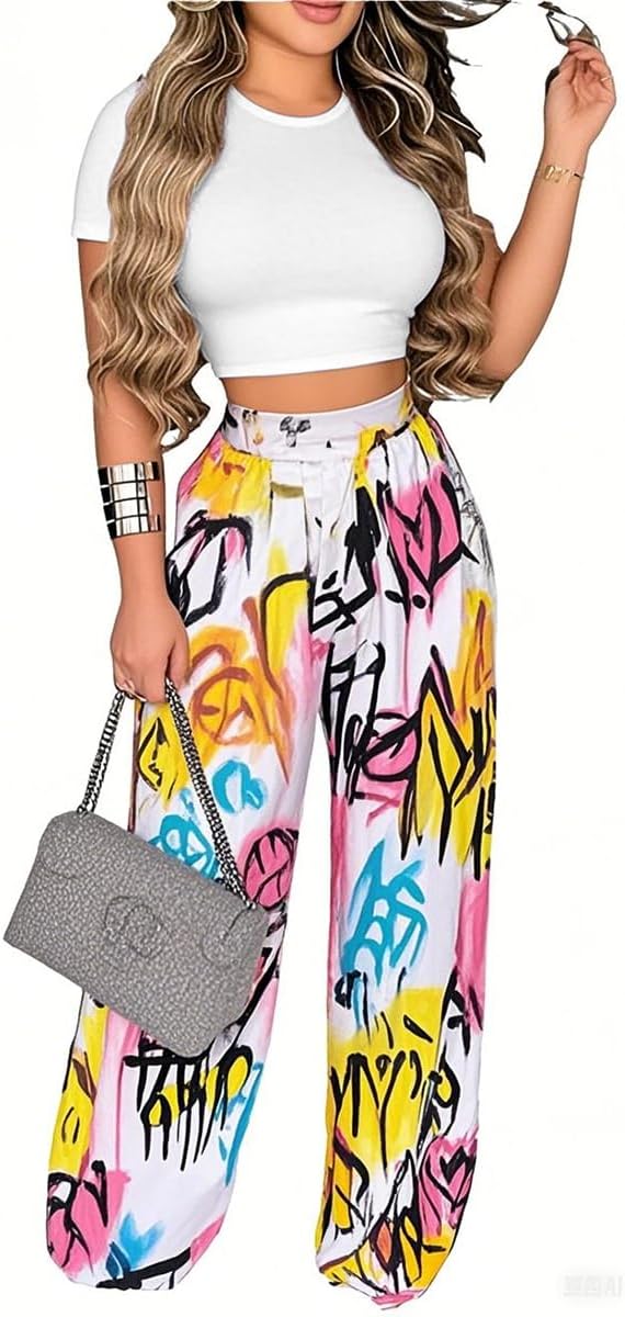 2 Piece Outfits for Women Short Sleeve Crop Top High Waist Wide Leg Long Pant Sets Tracksuit Sport Set - Image 6