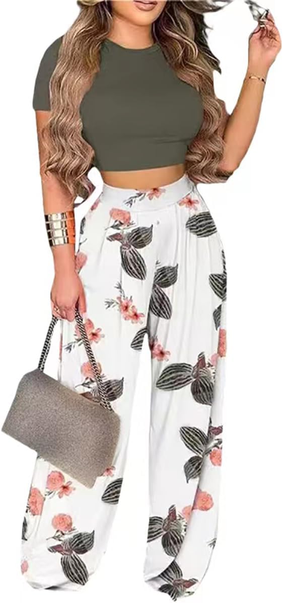 2 Piece Outfits for Women Short Sleeve Crop Top High Waist Wide Leg Long Pant Sets Tracksuit Sport Set - Image 3