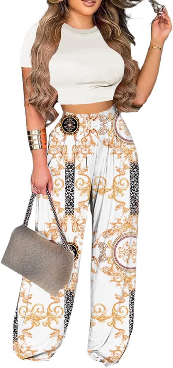 2 Piece Outfits for Women Short Sleeve Crop Top High Waist Wide Leg Long Pant Sets Tracksuit Sport Set - Image 2