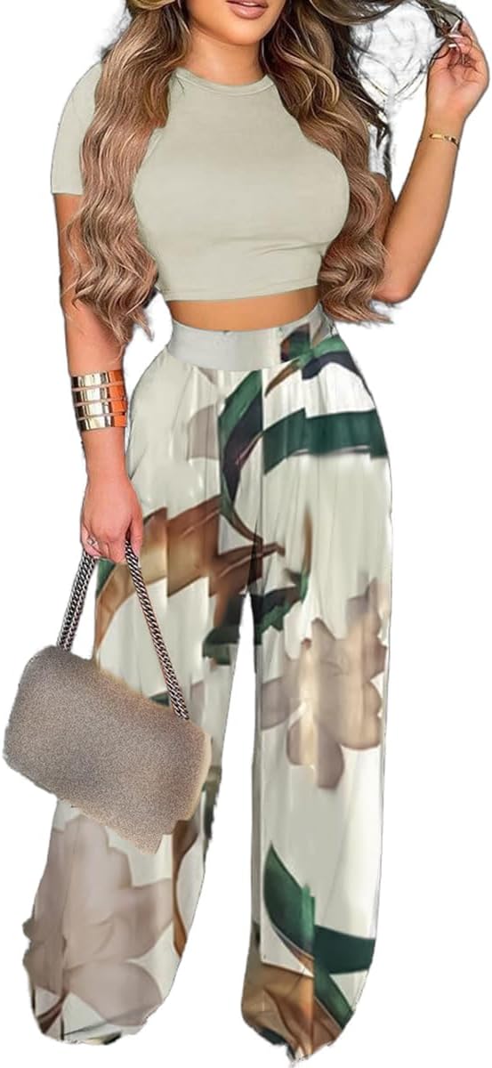 2 Piece Outfits for Women Short Sleeve Crop Top High Waist Wide Leg Long Pant Sets Tracksuit Sport Set - Image 19