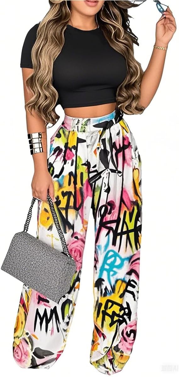 2 Piece Outfits for Women Short Sleeve Crop Top High Waist Wide Leg Long Pant Sets Tracksuit Sport Set - Image 17