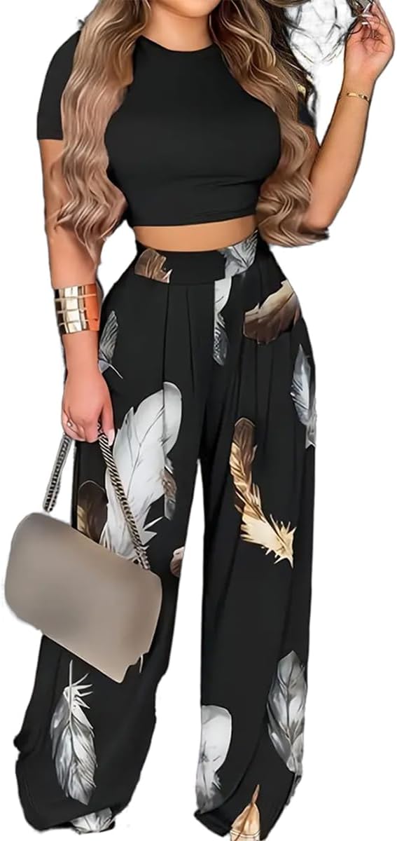 2 Piece Outfits for Women Short Sleeve Crop Top High Waist Wide Leg Long Pant Sets Tracksuit Sport Set - Image 20