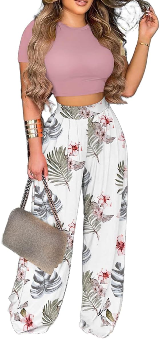 2 Piece Outfits for Women Short Sleeve Crop Top High Waist Wide Leg Long Pant Sets Tracksuit Sport Set - Image 18