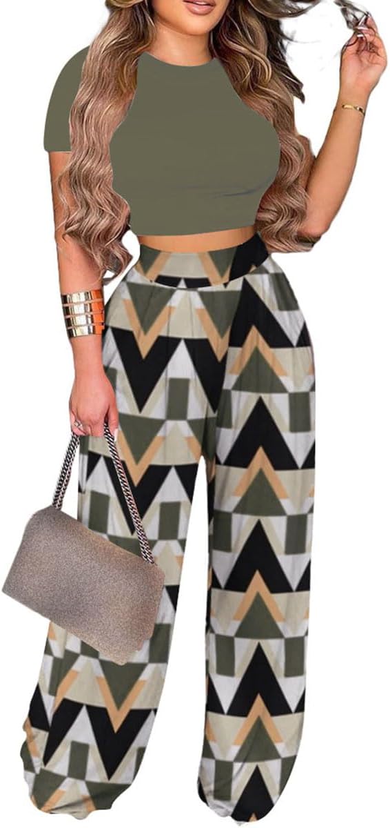 2 Piece Outfits for Women Short Sleeve Crop Top High Waist Wide Leg Long Pant Sets Tracksuit Sport Set - Image 14