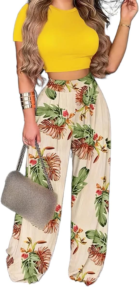 2 Piece Outfits for Women Short Sleeve Crop Top High Waist Wide Leg Long Pant Sets Tracksuit Sport Set - Image 13