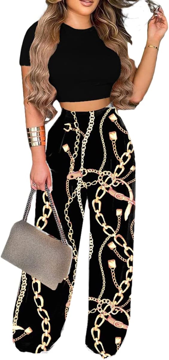 2 Piece Outfits for Women Short Sleeve Crop Top High Waist Wide Leg Long Pant Sets Tracksuit Sport Set - Image 5