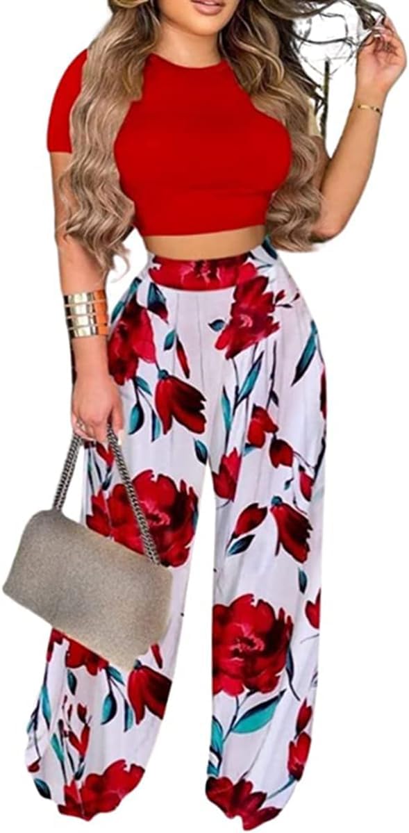 2 Piece Outfits for Women Short Sleeve Crop Top High Waist Wide Leg Long Pant Sets Tracksuit Sport Set - Image 9