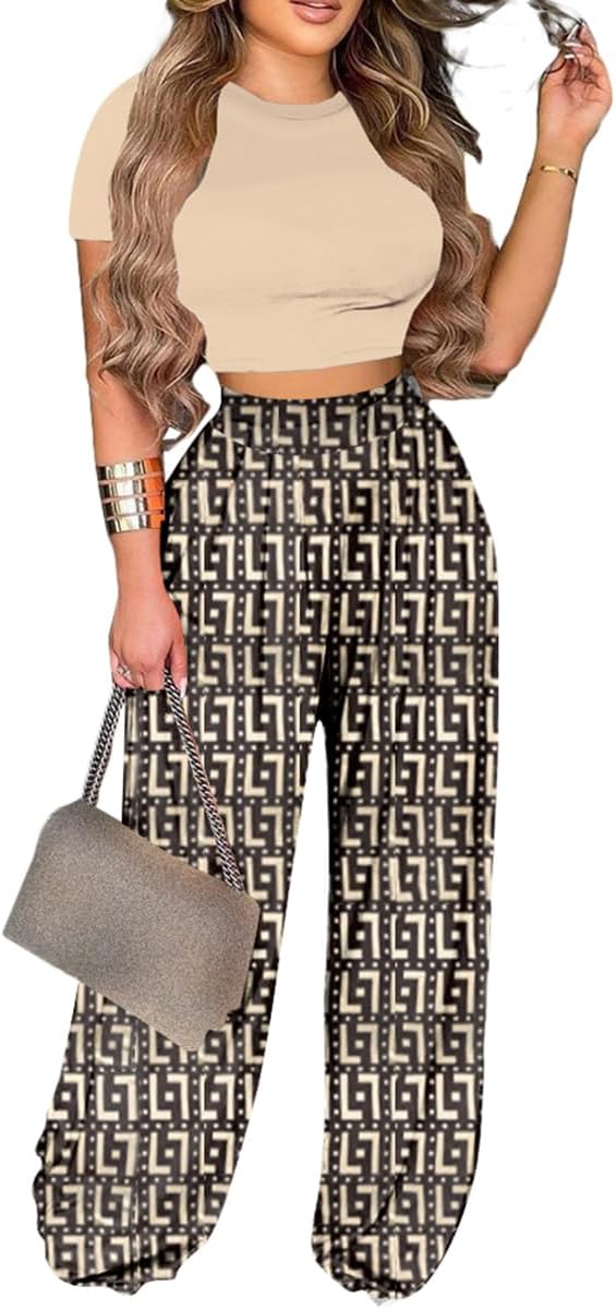 2 Piece Outfits for Women Short Sleeve Crop Top High Waist Wide Leg Long Pant Sets Tracksuit Sport Set - Image 4