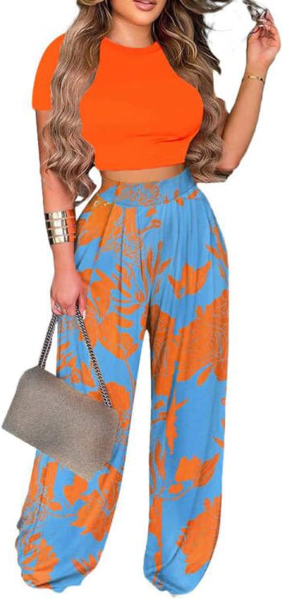 2 Piece Outfits for Women Short Sleeve Crop Top High Waist Wide Leg Long Pant Sets Tracksuit Sport Set - Image 11