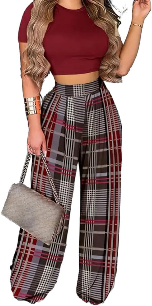 2 Piece Outfits for Women Short Sleeve Crop Top High Waist Wide Leg Long Pant Sets Tracksuit Sport Set - Image 21