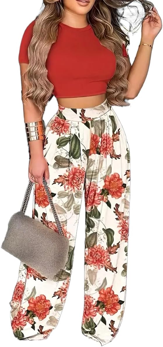 2 Piece Outfits for Women Short Sleeve Crop Top High Waist Wide Leg Long Pant Sets Tracksuit Sport Set - Image 12