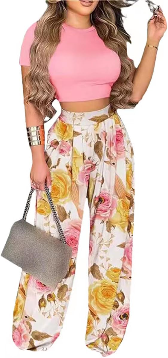 2 Piece Outfits for Women Short Sleeve Crop Top High Waist Wide Leg Long Pant Sets Tracksuit Sport Set - Image 8