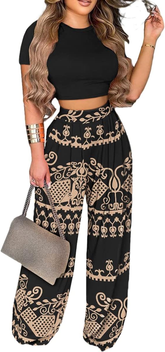 2 Piece Outfits for Women Short Sleeve Crop Top High Waist Wide Leg Long Pant Sets Tracksuit Sport Set - Image 7