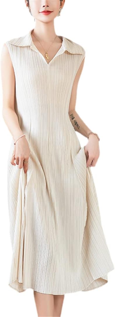 A-Line Dress Turn Down Collar Summer Dress Women Sleeveless Casual Loose Fashion Solid Pleated Miyak Dress Women's Clothing