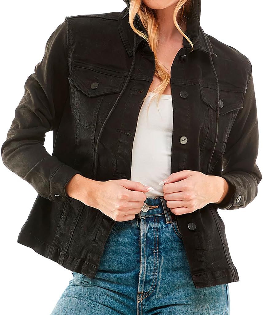Amazing Ladies' Denim Jacket with Fleece Hoodie - Presents for Women - Fashion Women Clothing - Black, M - Image 3