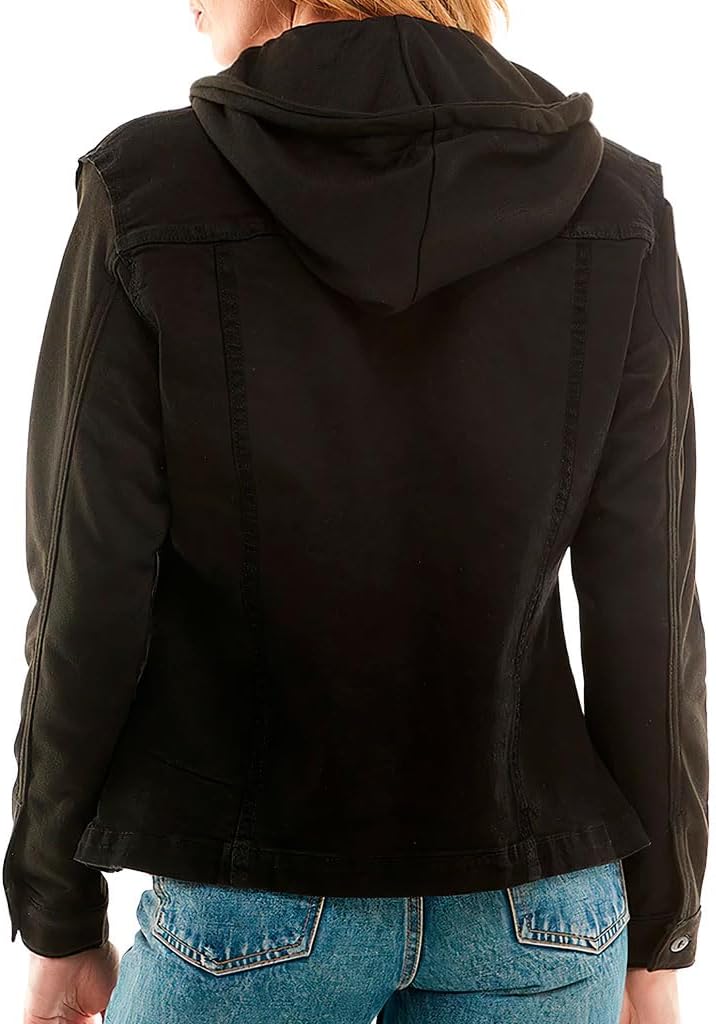 Amazing Ladies' Denim Jacket with Fleece Hoodie - Presents for Women - Fashion Women Clothing - Black, S
