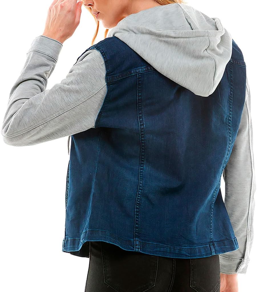 Amazing Ladies' Denim Jacket with Fleece Hoodie - Presents for Women - Fashion Women Clothing - Dark Washed, XL