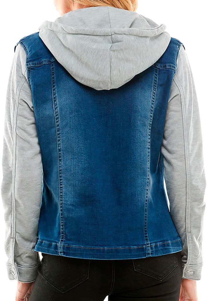 Amazing Ladies' Denim Jacket with Fleece Hoodie - Presents for Women - Fashion Women Clothing - Medium Washed, L
