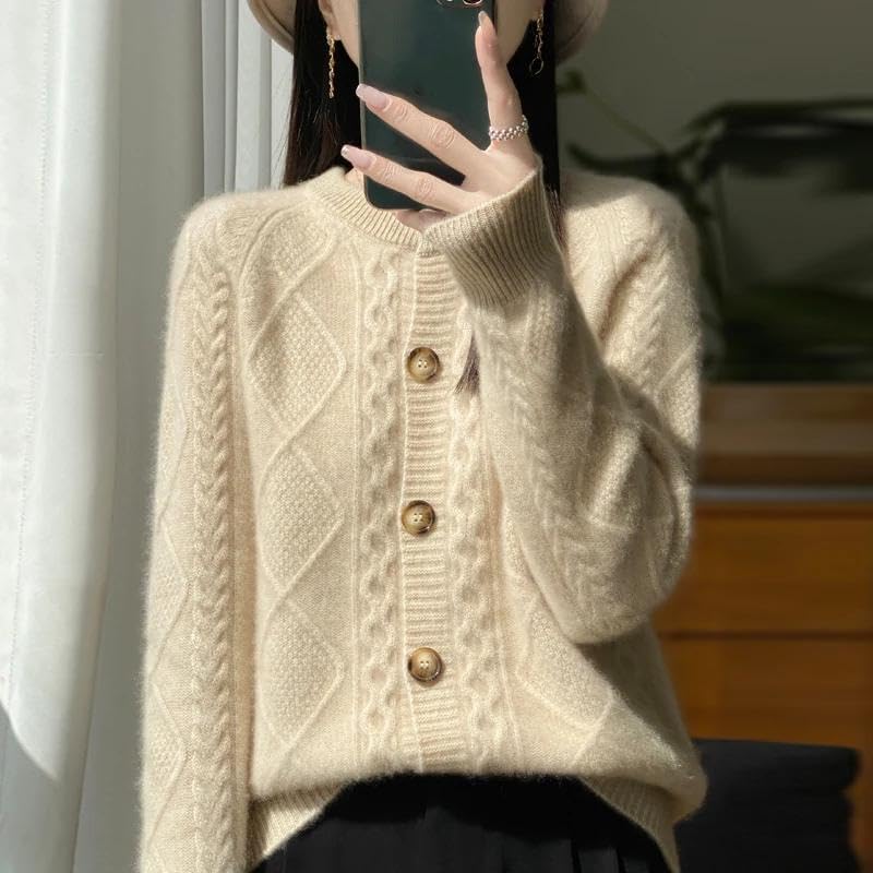 Autumn Winter Women' Clothing 100% Pure Neck Knitted Cardigan Twisted Flower Long Sleeve Tops Warm Shirt - Image 3