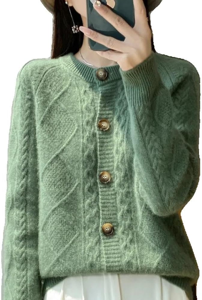 Autumn Winter Women' Clothing 100% Pure Neck Knitted Cardigan Twisted Flower Long Sleeve Tops Warm Shirt - Image 9
