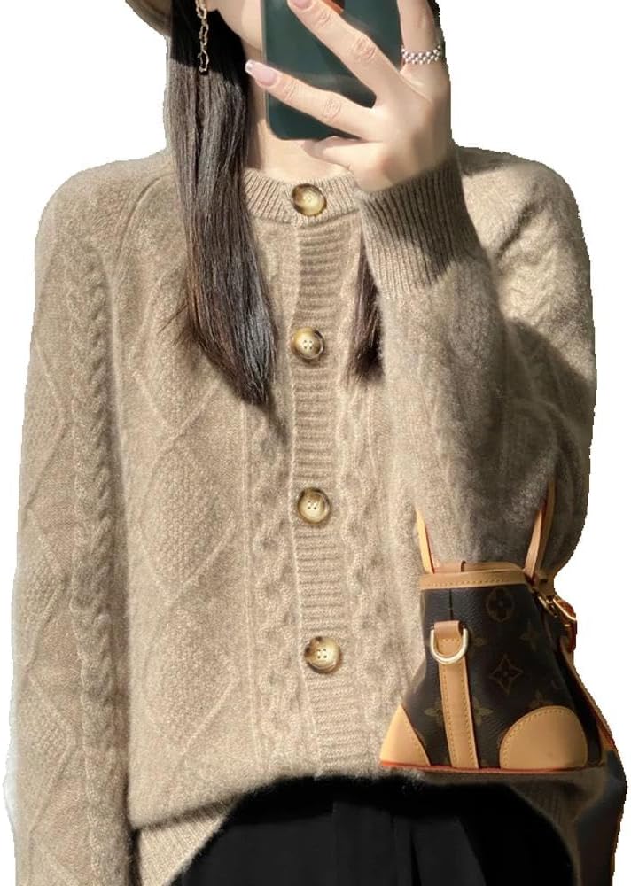 Autumn Winter Women' Clothing 100% Pure Neck Knitted Cardigan Twisted Flower Long Sleeve Tops Warm Shirt