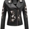 Bellivera Women Faux Leather Jacket Studded Rivet Floral Moto Biker Coat