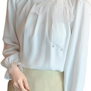 Bow-Knot Long-Sleeved Chiffon Shirts Women's Spring Clothes Slimming and Versatile Tops Fashionable Blouses for Women(OneColor,L)