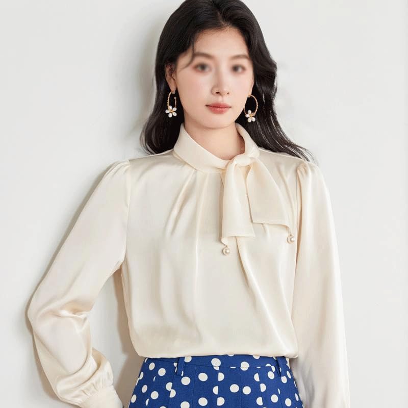 Bowknot Chiffon Shirt Women's Tops Small Shirt Women's Clothing Long Sleeve Women's Shirt(Beige,L) - Image 3