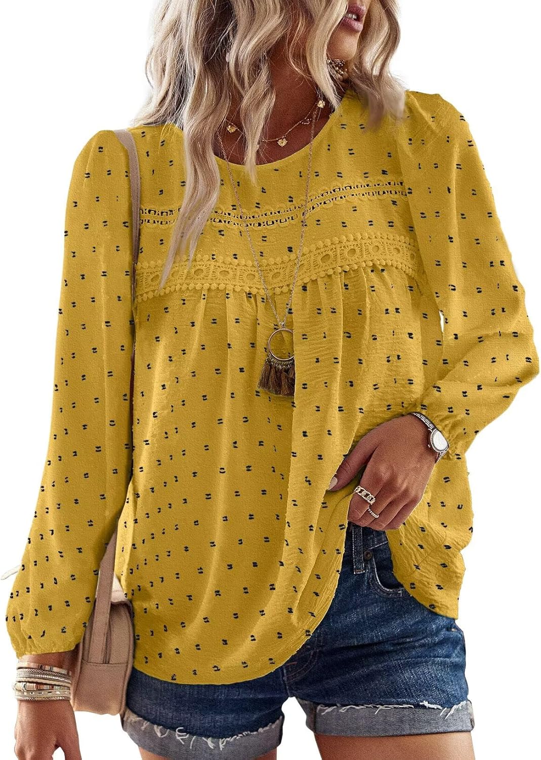 Falechay Womens Fall Tops Crewneck Long Sleeve Shirts Casual Chiffon Blouses Flowy Lace Hem Boho Clothing Trendy 2025 - Image 11