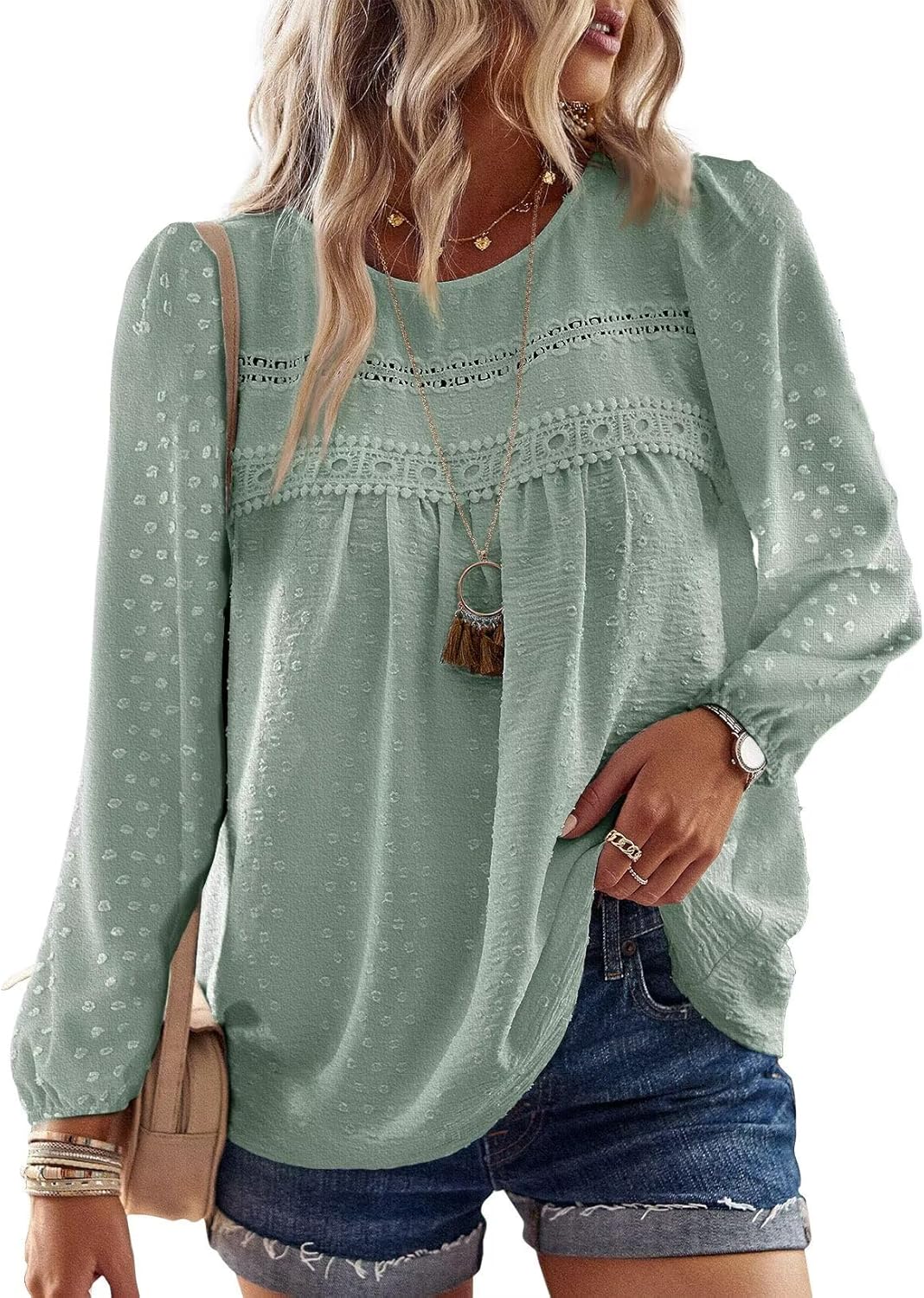 Falechay Womens Fall Tops Crewneck Long Sleeve Shirts Casual Chiffon Blouses Flowy Lace Hem Boho Clothing Trendy 2025 - Image 10