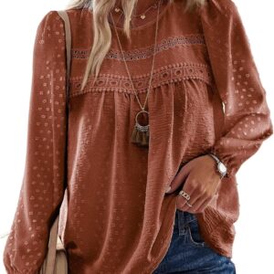 Falechay Womens Fall Tops Crewneck Long Sleeve Shirts Casual Chiffon Blouses Flowy Lace Hem Boho Clothing Trendy 2025