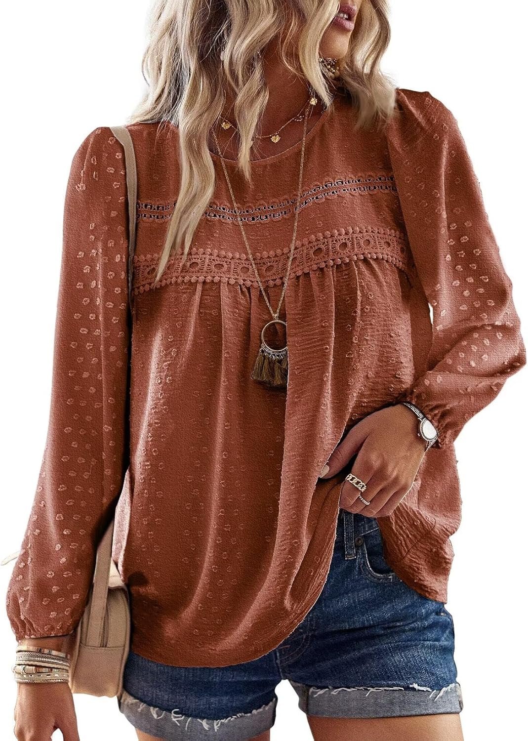 Falechay Womens Fall Tops Crewneck Long Sleeve Shirts Casual Chiffon Blouses Flowy Lace Hem Boho Clothing Trendy 2025