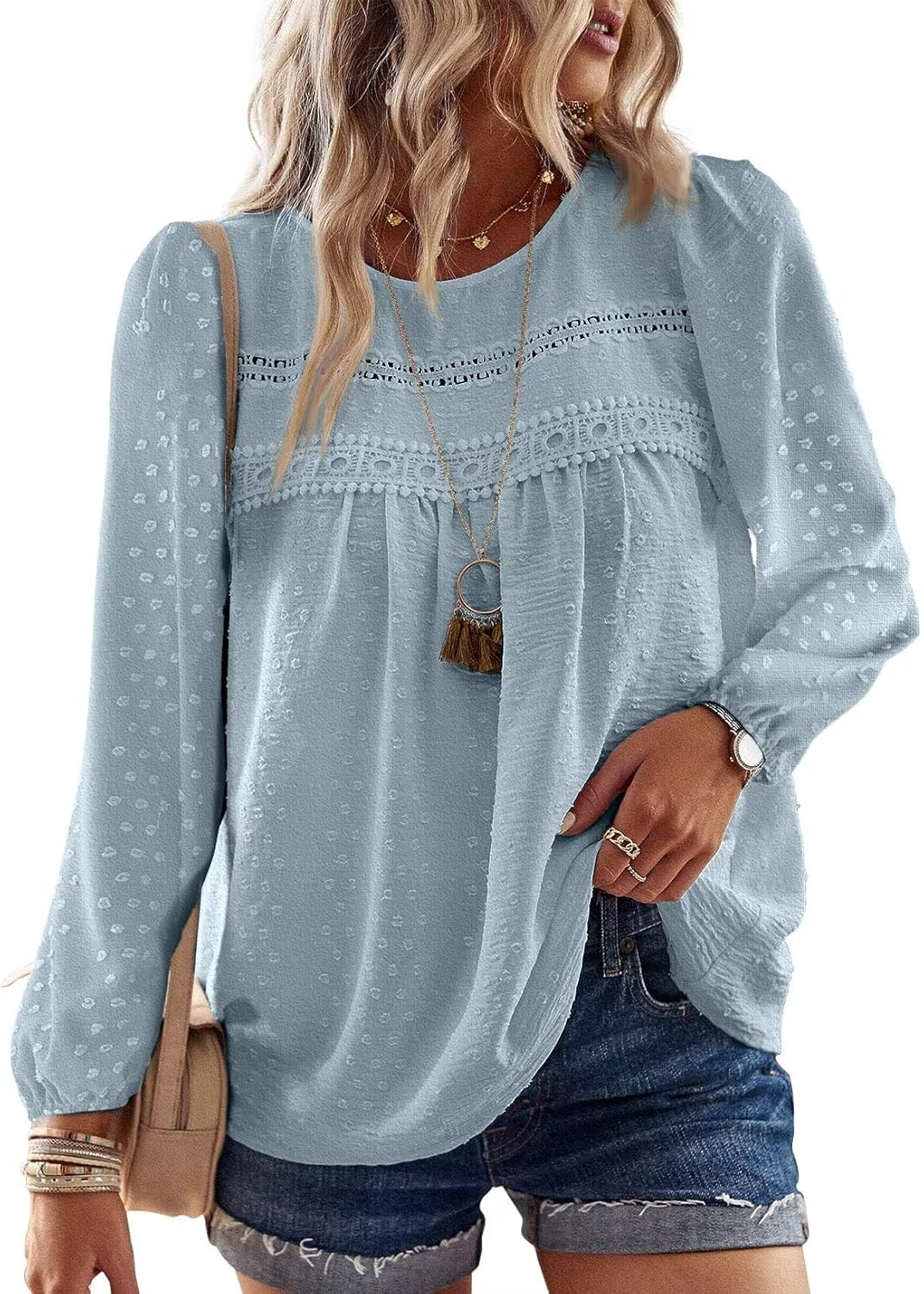 Falechay Womens Fall Tops Crewneck Long Sleeve Shirts Casual Chiffon Blouses Flowy Lace Hem Boho Clothing Trendy 2025 - Image 22