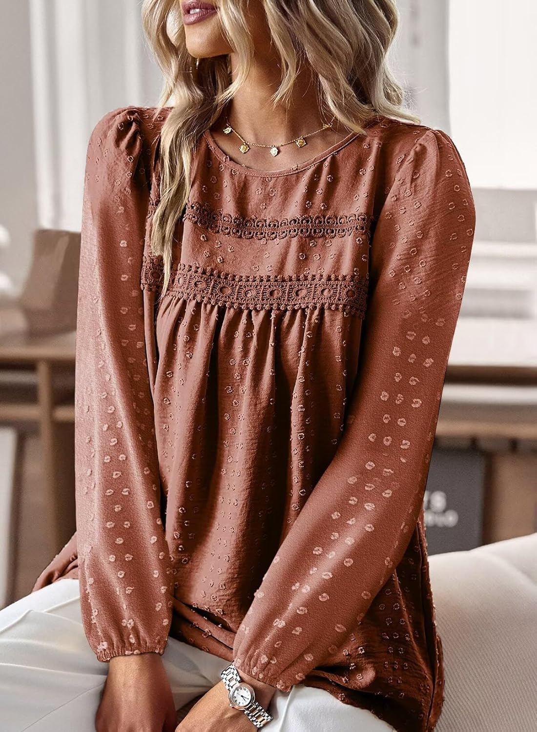 Falechay Womens Fall Tops Crewneck Long Sleeve Shirts Casual Chiffon Blouses Flowy Lace Hem Boho Clothing Trendy 2025 - Image 2