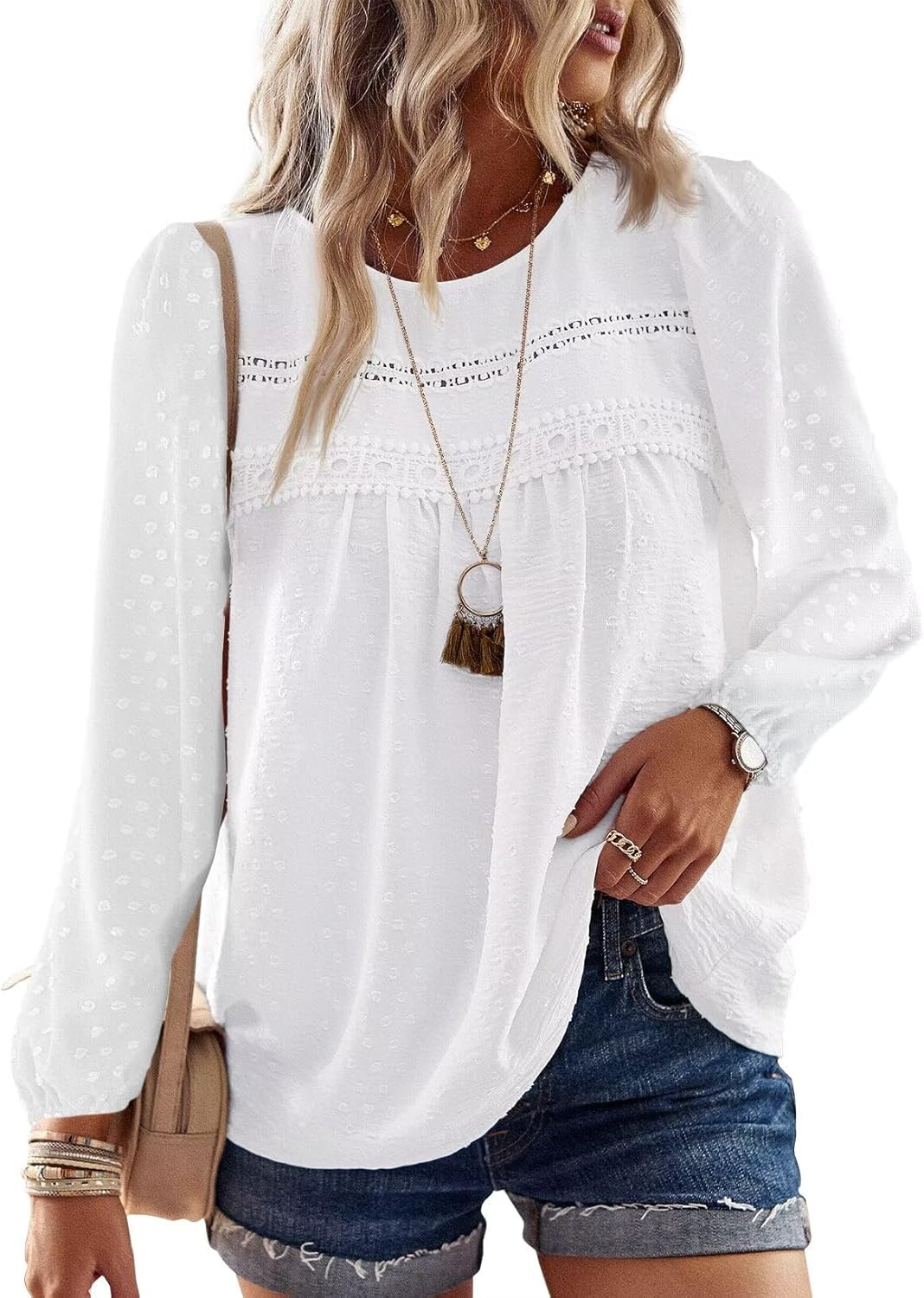 Falechay Womens Fall Tops Crewneck Long Sleeve Shirts Casual Chiffon Blouses Flowy Lace Hem Boho Clothing Trendy 2025 - Image 9