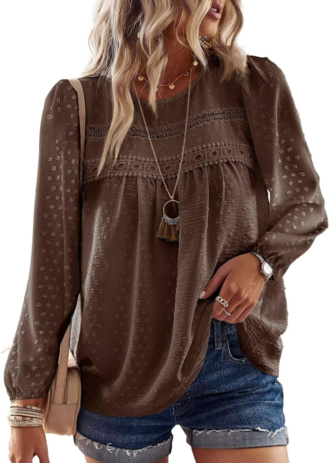 Falechay Womens Fall Tops Crewneck Long Sleeve Shirts Casual Chiffon Blouses Flowy Lace Hem Boho Clothing Trendy 2025 - Image 35