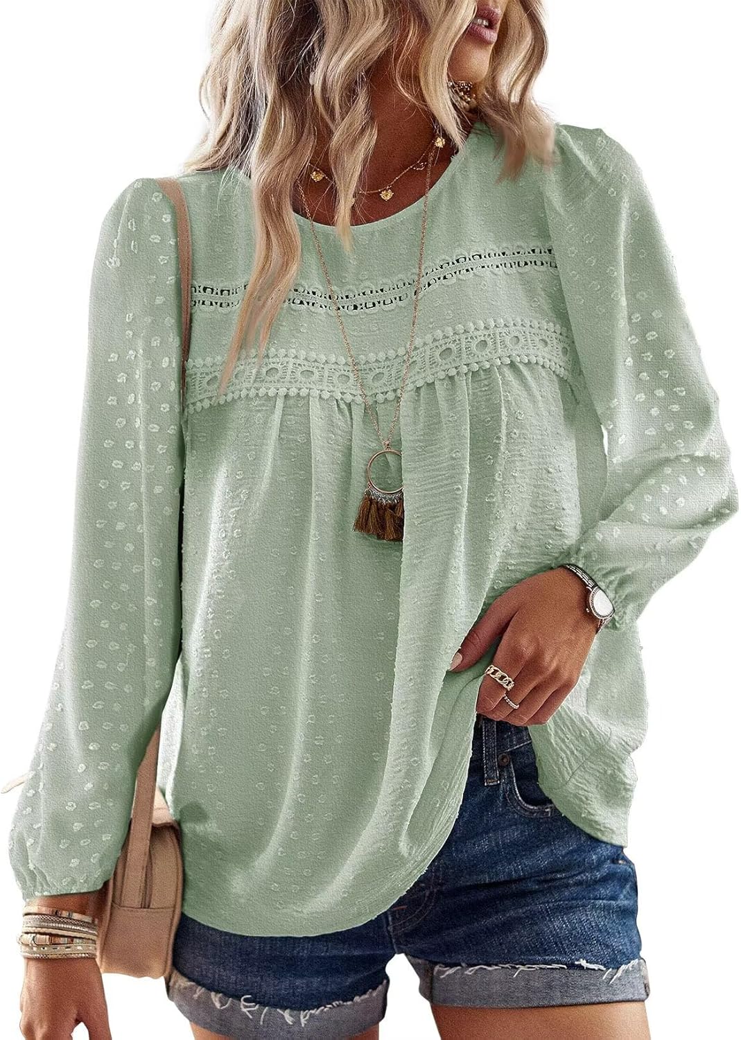 Falechay Womens Fall Tops Crewneck Long Sleeve Shirts Casual Chiffon Blouses Flowy Lace Hem Boho Clothing Trendy 2025 - Image 14