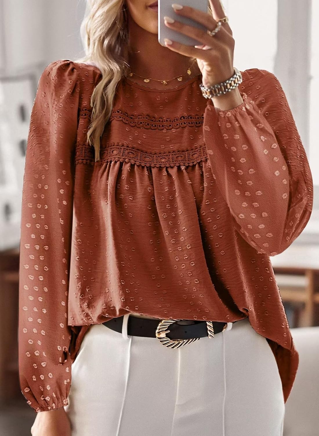 Falechay Womens Fall Tops Crewneck Long Sleeve Shirts Casual Chiffon Blouses Flowy Lace Hem Boho Clothing Trendy 2025 - Image 4