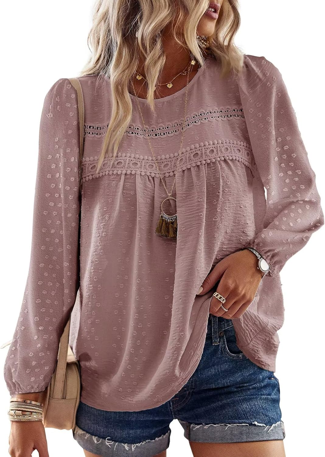 Falechay Womens Fall Tops Crewneck Long Sleeve Shirts Casual Chiffon Blouses Flowy Lace Hem Boho Clothing Trendy 2025 - Image 6