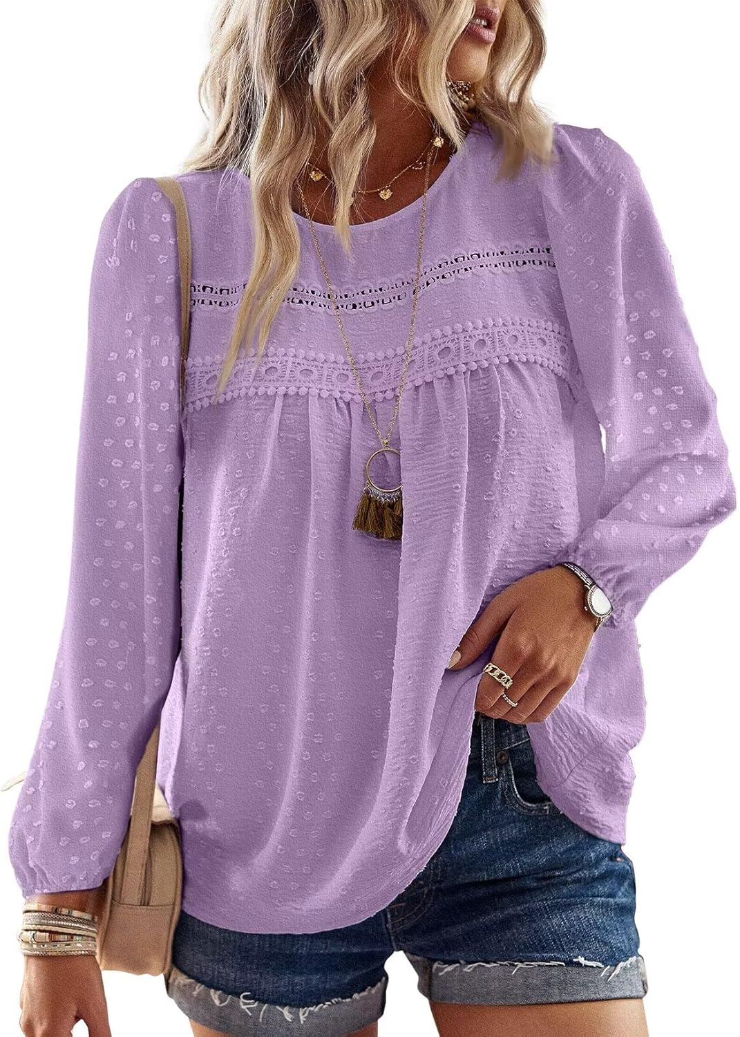 Falechay Womens Fall Tops Crewneck Long Sleeve Shirts Casual Chiffon Blouses Flowy Lace Hem Boho Clothing Trendy 2025 - Image 12