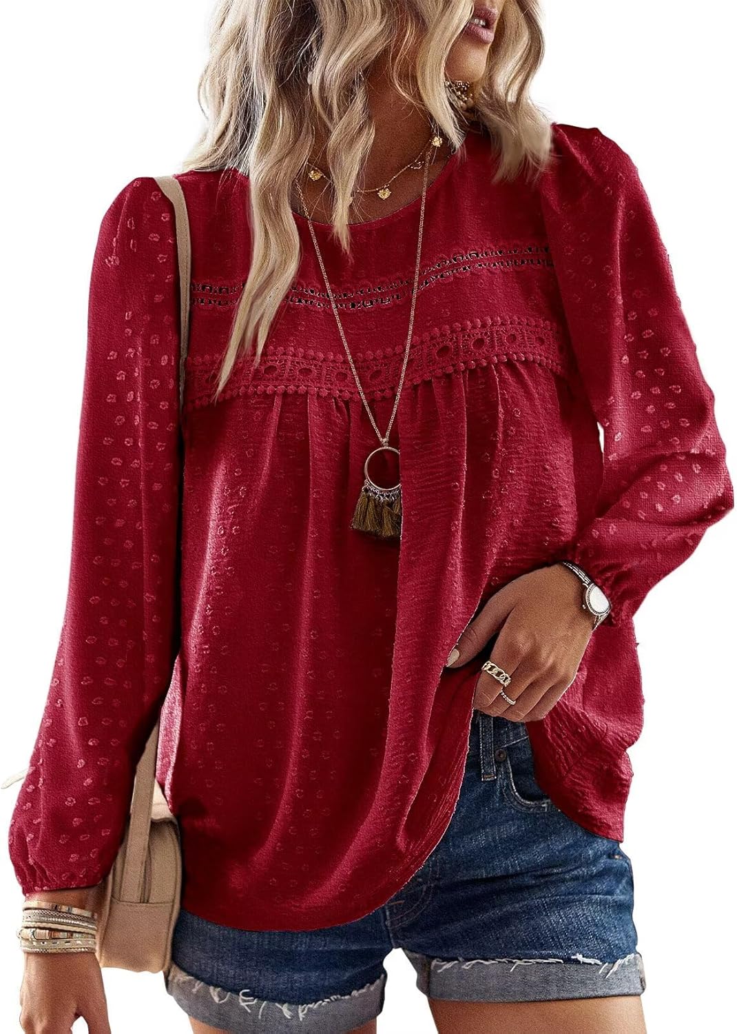 Falechay Womens Fall Tops Crewneck Long Sleeve Shirts Casual Chiffon Blouses Flowy Lace Hem Boho Clothing Trendy 2025 - Image 36