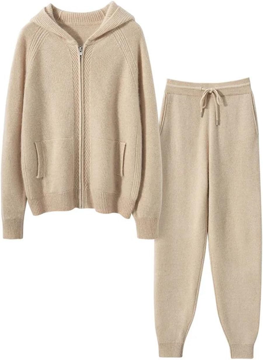 Fashion Zipper Suit Winter Cashmere Knitted Sweater Women Cardigan and Pants Two-Piece Female Clothes Gray - Image 2