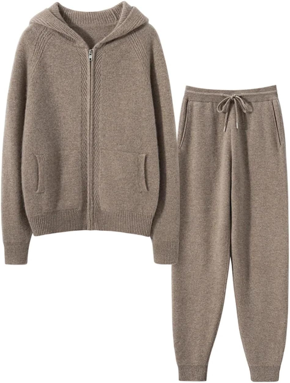 Fashion Zipper Suit Winter Cashmere Knitted Sweater Women Cardigan and Pants Two-Piece Female Clothes Gray - Image 3