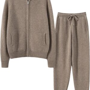Fashion Zipper Suit Winter Cashmere Knitted Sweater Women Cardigan and Pants Two-Piece Female Clothes Gray