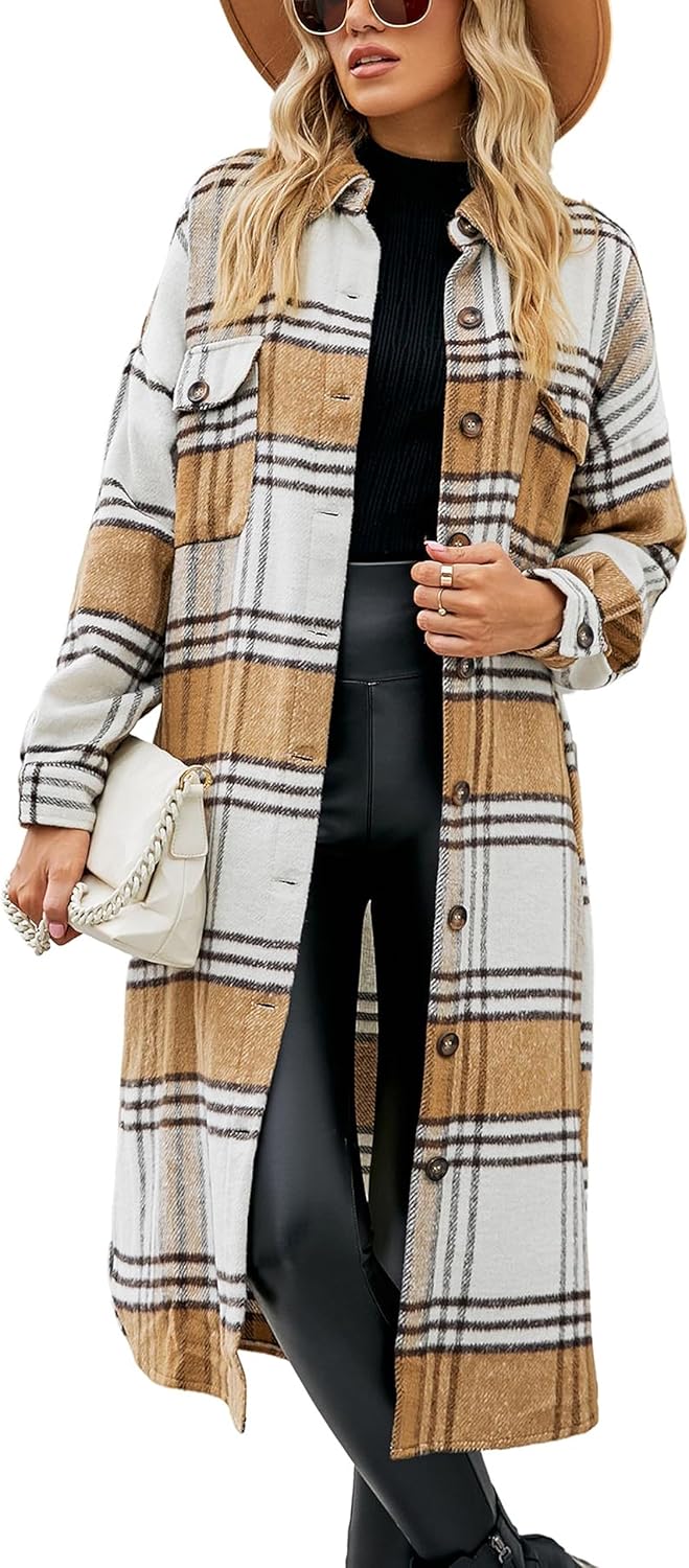 Himosyber Women's Casual Plaid Lapel Woolen Button Up Pocketed Long Shacket Coat - Image 7