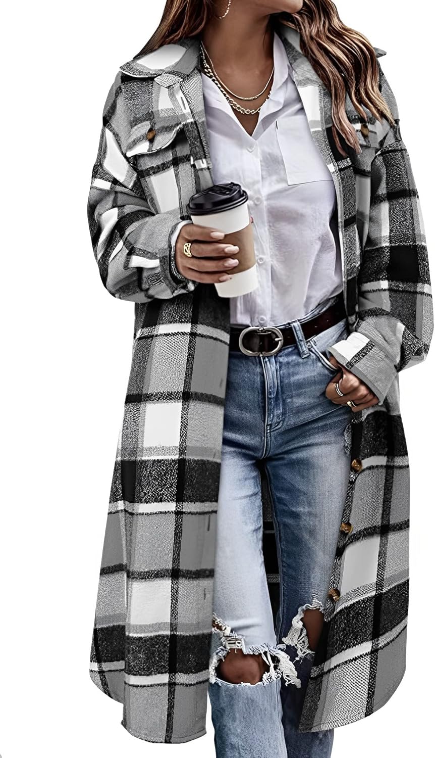 Himosyber Women's Casual Plaid Lapel Woolen Button Up Pocketed Long Shacket Coat - Image 9