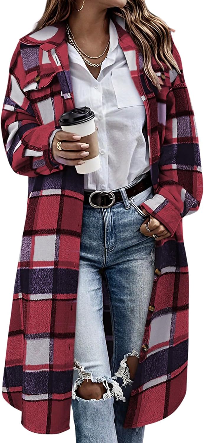 Himosyber Women's Casual Plaid Lapel Woolen Button Up Pocketed Long Shacket Coat - Image 8