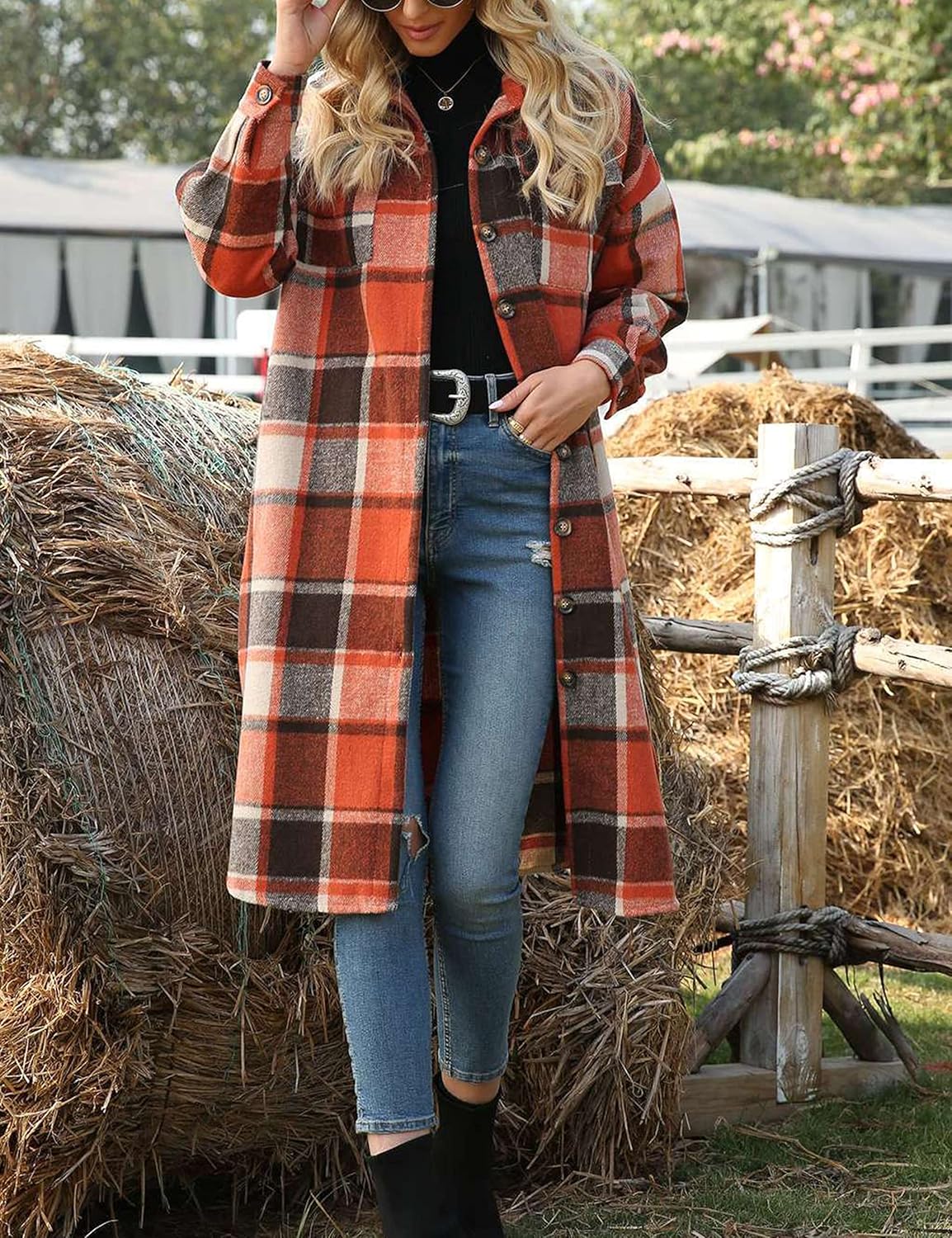 Himosyber Women's Casual Plaid Lapel Woolen Button Up Pocketed Long Shacket Coat - Image 3