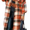 Himosyber Women's Casual Plaid Lapel Woolen Button Up Pocketed Long Shacket Coat