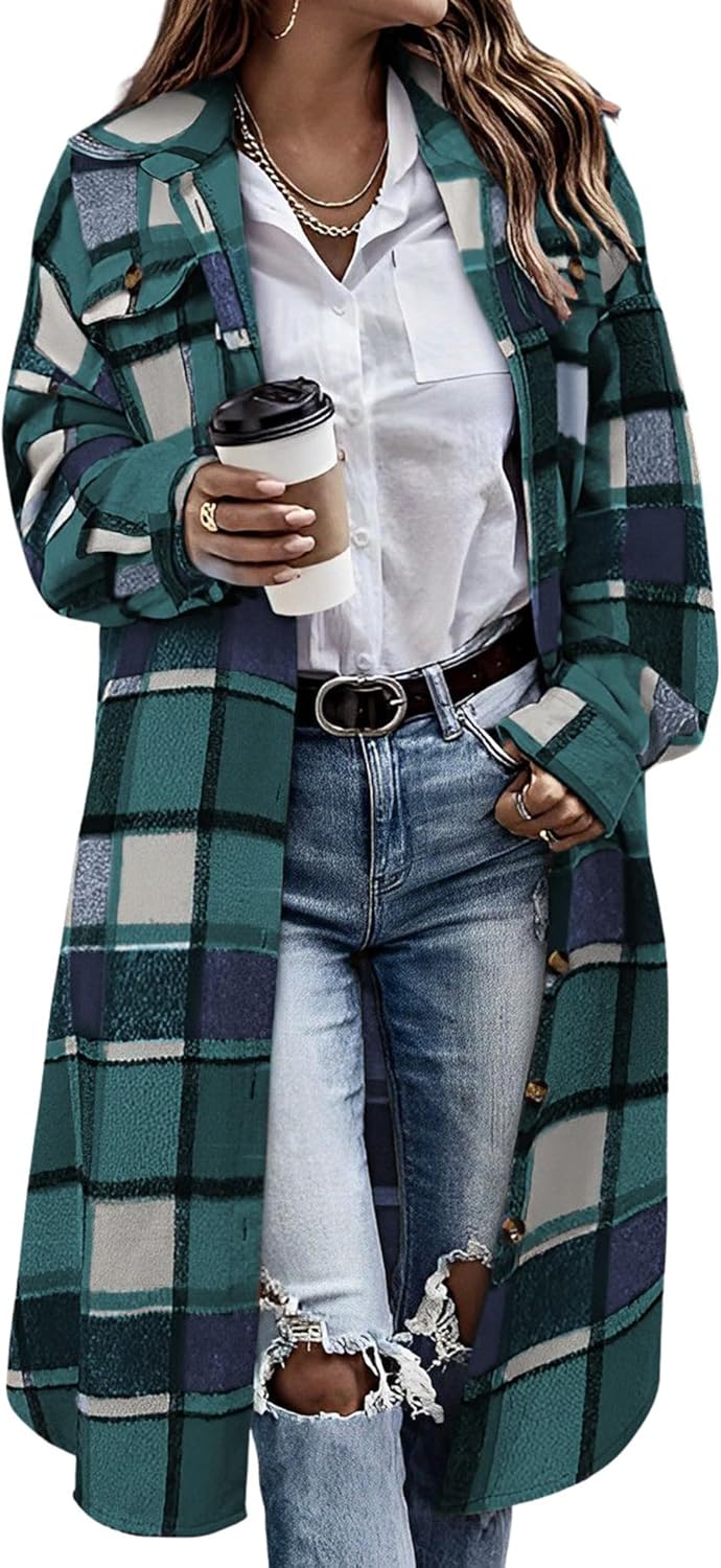 Himosyber Women's Casual Plaid Lapel Woolen Button Up Pocketed Long Shacket Coat - Image 13